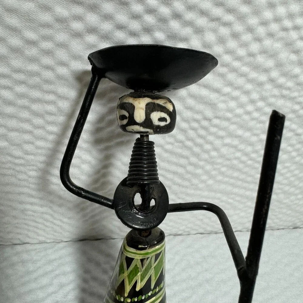 Vintage Handcrafted Tribal Candle Holder With African Motif Metal & Cow Horn - Picture 2 of 8